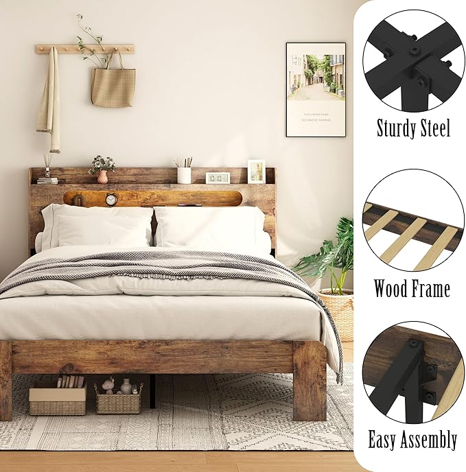 Full Size Wooden Bed Frame, Storage Headboard with Charging Station & Led Lights, Rustic Farmhouse Sturdy Framework Wood Bedframe, Easy Assembly (Brown Led)