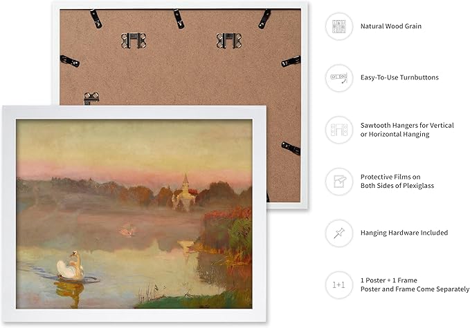 Poster Master Vintage Pond in Radziejowice Poster - Retro Swan Print - Lake Art - Landscape Art - Farmhouse Art - Animal Lover Art - Aesthetic Living Room or Office Decor, 8x10 White Framed