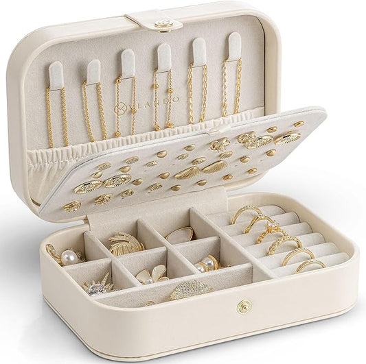 Vlando Travel Jewelry Case for Women Girls Mothers, PU Leather Small Mini Jewelry Box for Rings, Necklaces, Bracelets, Earring Holder Organizer Storage for Travel Accessories, Bridesmaid Gifts - Beige