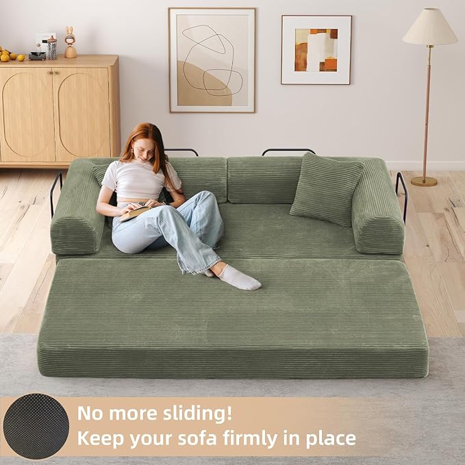Rovibek 4-in-1 Convertible Sleeper Sofa Bed Queen Size, Foldable Floor Couch Corduroy, Folding Futon Sofa Beds with Pillow and Fixed-Shape Frame, Suitable for Living Room, Bedroom, Lounge, Light Green
