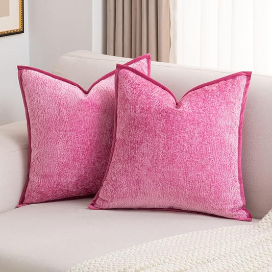 FUTEI Hot Pink Chenille Throw Pillow Covers 18x18 Inch Set of 2,Soft Cozy Bound Edge Design Cushion Case,Home Decor for Couch Bed Living Room