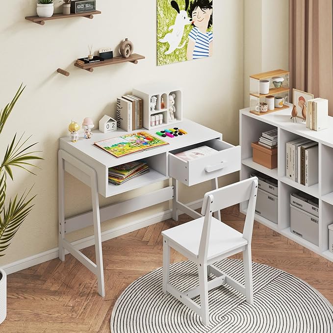 HONEY JOY Kids Desk and Chair Set, Wooden Children School Study Table and Chair w/Storage Drawer & Hutch, Student Writing Desk Computer Workstation for Bedroom, Gift for 3+ Years Old (White)