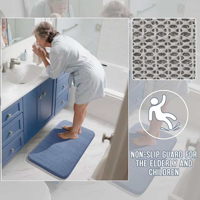 Yimobra Large Bath Mat 36"x24", Super Soft Quick Dry Memory Foam Bathroom Rug, Water Absorbent, Non Slip Backing Machine Washable for Tub Shower, Thick Comfort Support, Denim Blue