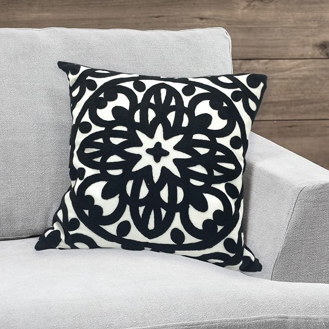 Alysheer Embroidered Decorative Throw Pillow Cover 20"x 20", Boho Mandala Modern Thick Embroidery Pattern, Durable Cotton Canvas Soft Cushion Case for Sofa Couch Bed Living Room (Black)