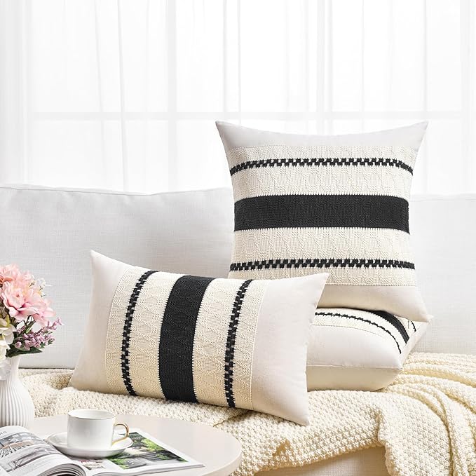 Fancy Homi Set of 2 Boho Black Decorative Throw Pillow Cover 18x18 Inch for Couch Bed Sofa, Aesthetic Modern Organic Farmhouse Home Decor, Soft Cotton Cute Accent Macrame Woven Cushion Case