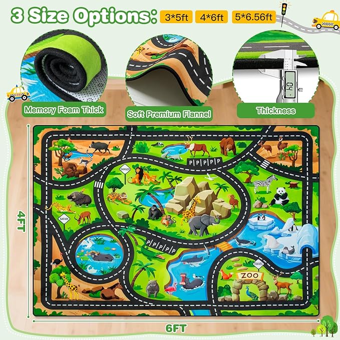 Kids Rug, 4x6 Ft Animal Car Rugs for Kids Toy Cars, Extra Thick (0.4in) - Non-Slip Zoo Road Mat Carpet for Playroom & Bedroom, Educational Learning & Game Area
