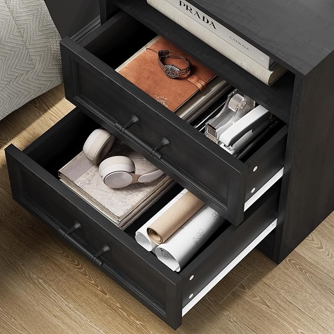 Set of 2 Farmhouse Nightstands with Charging Station, Black End Tables with 2 Drawers Storage, Space-Saving Wood Storage Cabinets with Unique Base Design, Bedside Tables for Bedroom, Living Room