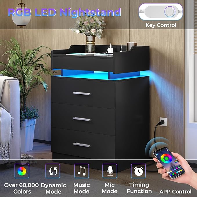 LED Nightstand Set of 2, Large Night Stand with Charging Station, Bedside Table with Pull-Out Shelf and 3 Drawers, Modern End Table Side Table with Storage, Black