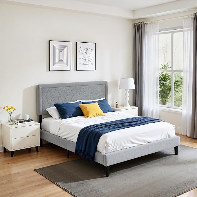 Hokway Bed Frame Upholstered Platform Bed with Headboard Wooden Slat Support No Box Spring Needed(Queen, Light Gray)