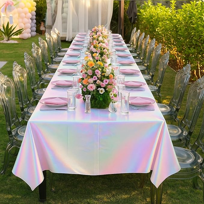 Preboun 82 ft x 54 Inch Iridescent Tablecloth Roll Disposable Plastic Laser Table Cover Holographic Wallpaper Backdrop for Mermaid Birthday Disco Wedding Bachelorette Party Decoration Supplies