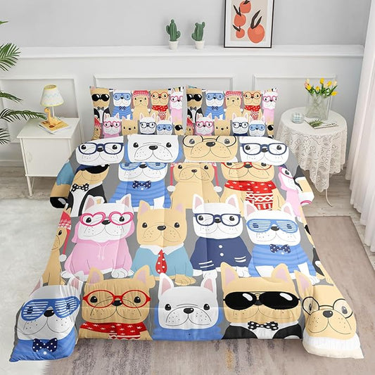 Puppy Comforter Bedding Set for Kids - Cute Pug Pattern Cartoon Pet Twin Set with 1 Comforter and 2 Pillowcases