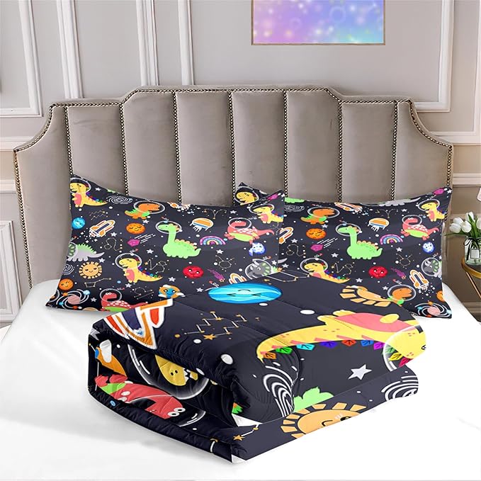 Dinosaur Bedding Set for Boys - 2Pcs Lovely Black Dinosaur Bedding Set for Bedroom Twin Size Cute Animal Patterns Kids Room Decor, 1 Quilt 1PillowCase