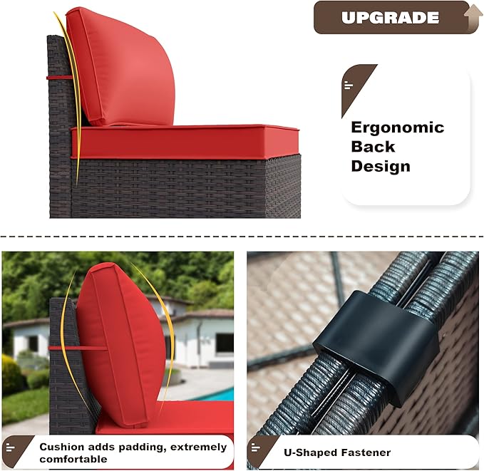Kurapika 7 Pieces Patio Furniture Set, Rattan Wicker Outdoor Conversation Sets w/43in Propane Fire Pit Table and 4 Inch Cushion(Red)