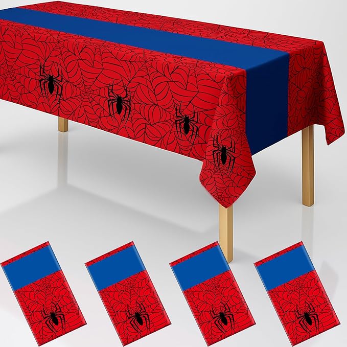 4Pcs 2in1 Spider Birthday Party Decorations Tablecloth, 54" x 108" Super Hero Table Cloth Disposable Rectangle Plastic Table Cover for Kids Baby Shower Wedding Party Supplies