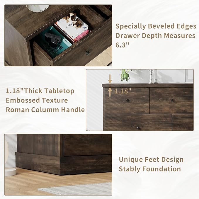 JUMMICO Dresser for Bedroom, Wide Chest of Drawers with 5 Wood Dresser Drawers, Modern Design for Bedroom, Living Room, Hallway, and Entryway (Brown)