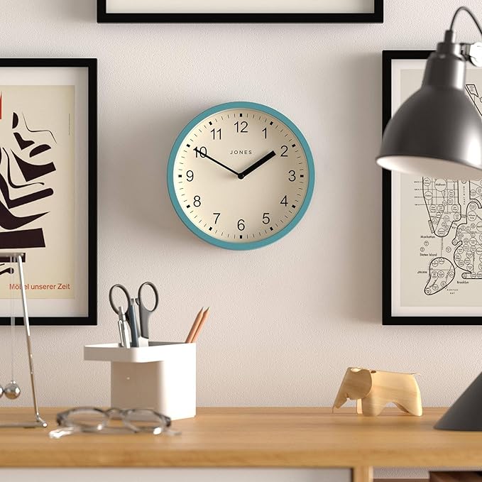 JONES CLOCKS® Spin Wall Clock | Small Modern Round Clock | 8inch | Teal Blue | Easy to Read Numbers | Ideal for Kitchen, Office, Children’s Room or Any Small Space