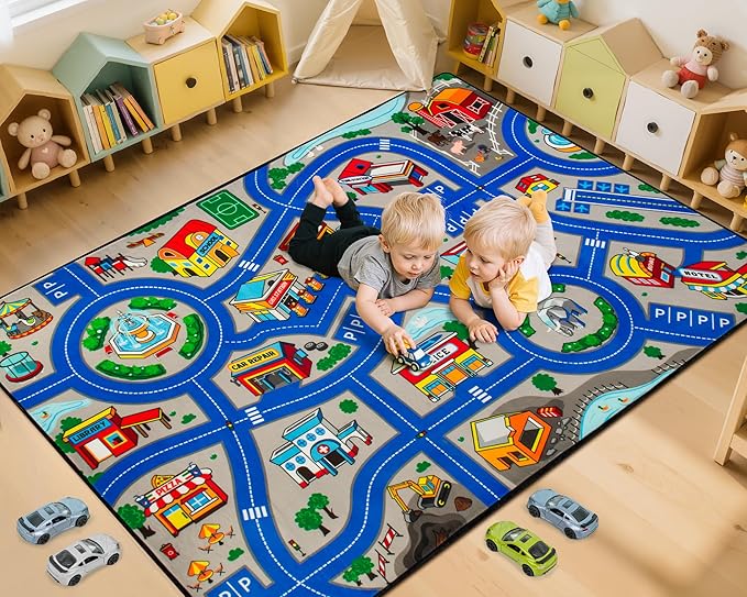 Road Car Rug, 3x5 Ft City Road Rug for Kids, Extra Thick (0.4in) Kids Floor Play Mat and Car Carpet with Realistic Colors - Perfect for Children, Soft and Non-Slip for Playroom and Bedroom