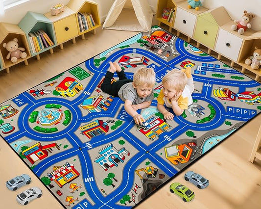 Road Car Rug, 3x5 Ft City Road Rug for Kids, Extra Thick (0.4in) Kids Floor Play Mat and Car Carpet with Realistic Colors - Perfect for Children, Soft and Non-Slip for Playroom and Bedroom