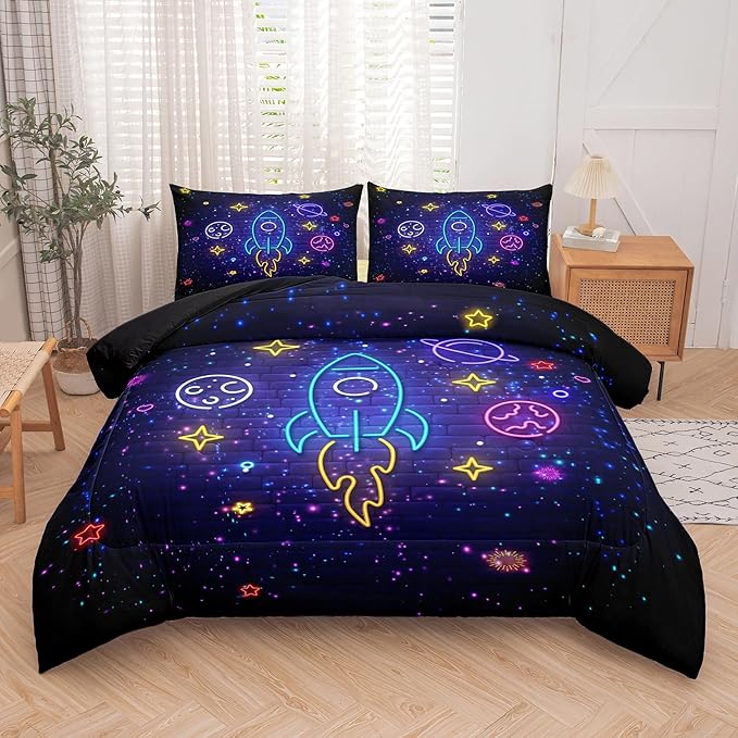 Tailor Shop Space Bedding Full Size Comforter Sets Twin Comforter Set for Kids Boys Galaxy Bedding with 2 Pillowcase……