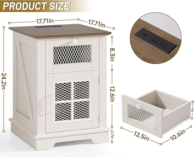 Nightstand with Charging Station, Farmhouse Night Stand with 1 Drawer and 1 Cabinet Magnetic Metal Mesh Barn Door, Rustic Wood Bedside for Bedroom, End Table, White
