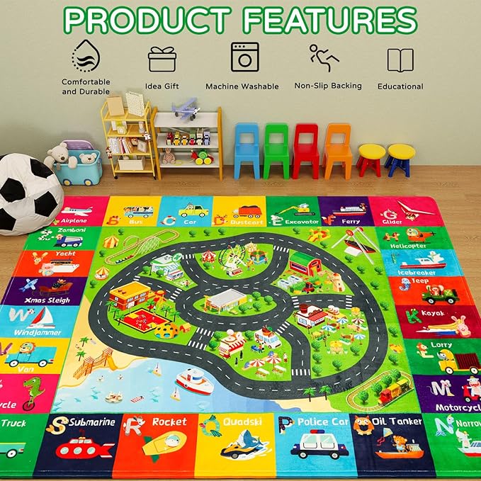 Kids Rugs Traffic Road Carpet Play Rug 59"×39.4" for Playroom Transportation ABC Educational Mat Alphabet Area Rug, Kids Playtime Collection Toddler Car Track Rug Cute Cartoon Animal Letters