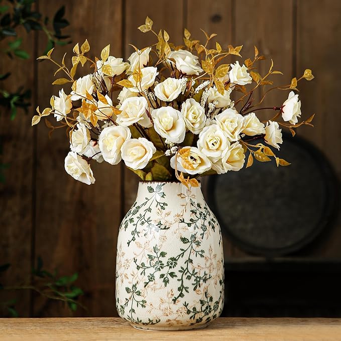 Green and Beige Vintage Vase, Chinoiserie Floral Vase, Rustic Ceramic Large Vases for Home Decors, Living Room, Bookshelf, Office, Grand Millennial Decor, Chinoiserie Decors, Tuscan Decor 7.8 Inch
