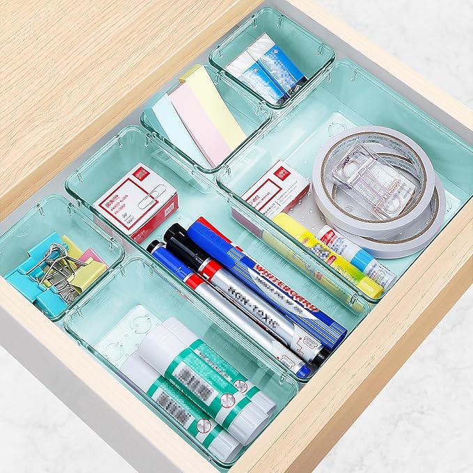 25 PCS Drawer Organizer Set, 4 Varied Size Bathroom and kitchen Drawer cabinet organizer Trays, Clear Storage Bins for Makeup, Jewelry, Utensils and Gadgets