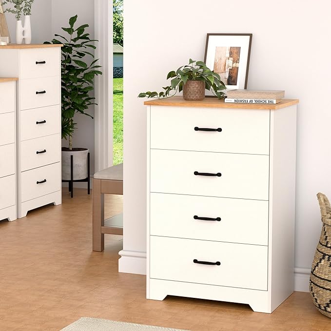 Farmhouse 4 Drawer Dresser, Small Wooden Chest of Drawers Classic White Dresser for Bedroom Living Room Entryway (White, 4 Drawer)