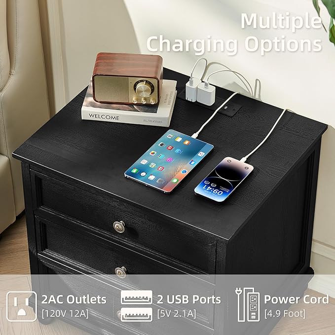 Farmhouse Nightstand Set of 2 with Charging Station, 24" Wide End Table with 3 Drawers,Dresser for Bedroom,Bed Side Table Chest of Drawers Cabinet,Wood Black Night Stand for Living Room
