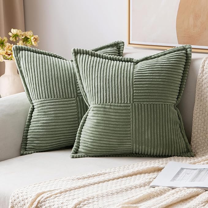 MIULEE Decorative Throw Pillow Covers for Couch Bed Livingroom 20x20 Inch Set of 2 Light Olive Green Boho Accent Throw Pllows Broadside Striped Patchwork Soft Corduroy Summer Pillowcases