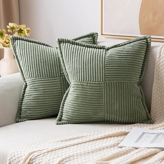 MIULEE Decorative Euro Sham Throw Pillow Covers for Couch Bed Livingroom 24x24 Inch Set of 2 Light Olive Green Boho Accent Throw Pllows Broadside Striped Patchwork Soft Corduroy Summer Pillowcases
