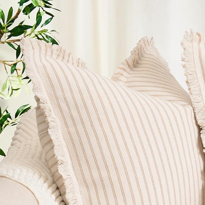 ZWJD Throw Pillow Covers 18x18 Set of 2 Striped Pillow Covers with Fringe Chic Cotton Decorative Pillows Square Cushion Covers for Sofa Couch Bed Living Room Farmhouse Decor