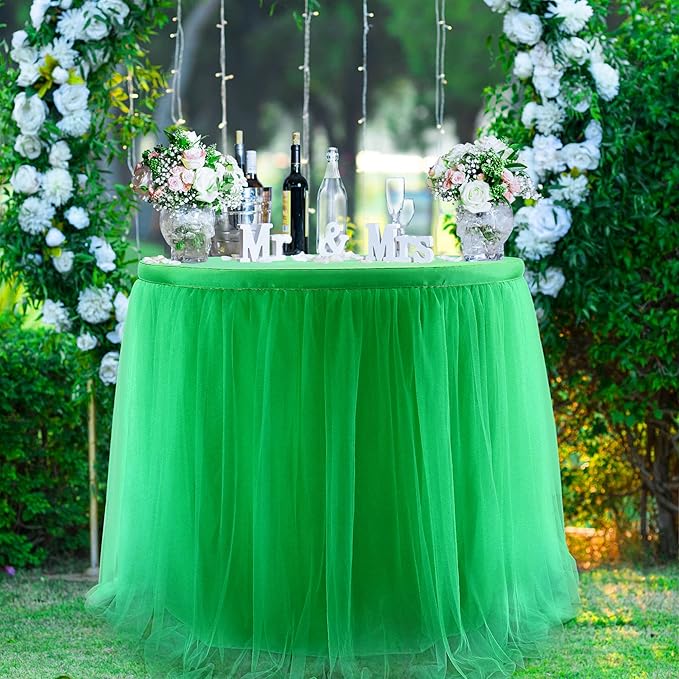 Suppromo Green Tulle Table Skirt for Birthday 6ft Green Ruffle Tutu Tablecloth for Baby Shower Gender Reveal Wedding, Hawaiian Jungle Luau Themed Party, Animal Safari Theme Party Decorations