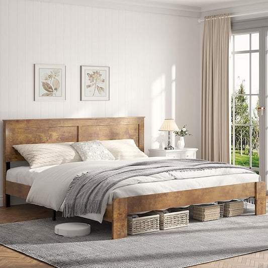 Wooden Bed Frame King Size with Headboard, Farmhouse Platform Bedframe with Wood Slat Support, Sturdy Framework Bed Frame, Easy Assembly (Rustic Brown)