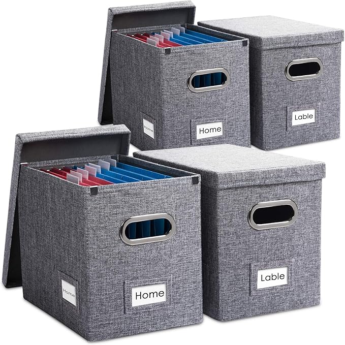 PRANDOM File Organizer Box - Set of 4 Collapsible Decorative Linen Filing Storage Hanging File Folders with Lids Office Cabinet Letter Size Grey (14x9.3x10.8 inch)