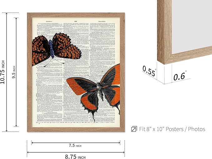 Poster Master Dictionary Art Poster - Butterflies Print - Moth Art - Butterfly Art - Insect Art - Gift for Men, Women & Animal Lover - Chic Decor for Living Room or Bedroom, 8x10 Beige Framed