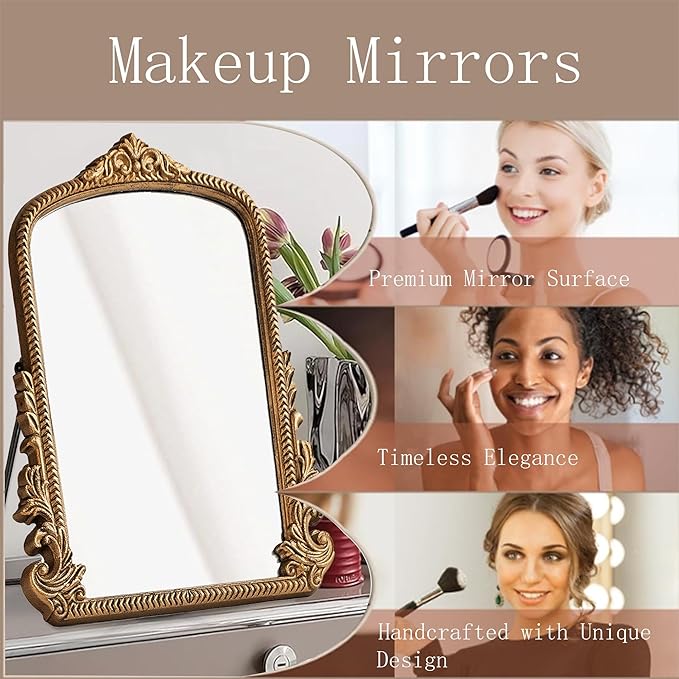 Small Antique Gold Arched Table Mirror - Vintage Vanity Makeup Mirror, Traditional Baroque Style Decor for Bedroom, Living Room, Tabletop 11.8" x 9.6"