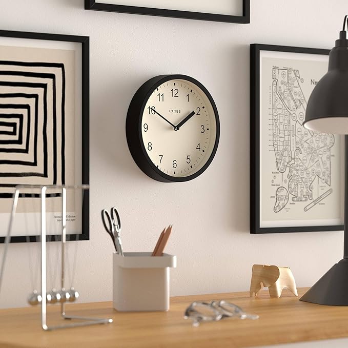 JONES CLOCKS® Spin Wall Clock | Small Modern Round Clock | 8 inch | Black | Easy to Read Numbers | Ideal for Kitchen, Office, Children’s Room or Any Small Space