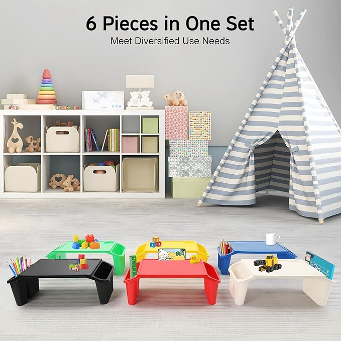 Kids Lap Desk Tray Set of 6, Portable Activity Table, Plastic Stackable Tray for Drawing, Writing, Eating, Classroom, 19.69" L x 9.84" W x 7.09" H, Red + Green + Blue + Yellow + Black + White