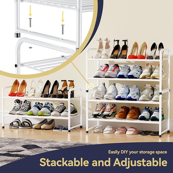 2-Tier 27” Wide Shoe Rack for Closet, Metal Stackable Shoe Shelf Organizer, White