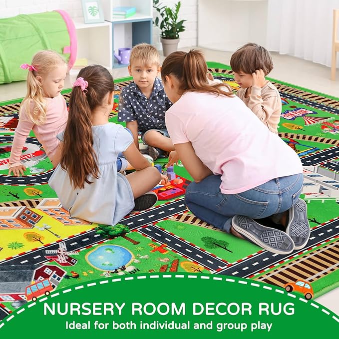 Kids Rug Play Mat for Toy Cars 3D City Life Road Traffic 59"×78.7" for Playroom Kids Car Road Rugs City Map Play Mat Non-Slip Washable Educational Car Rug for Toddler Boy Tummy Time Playtime