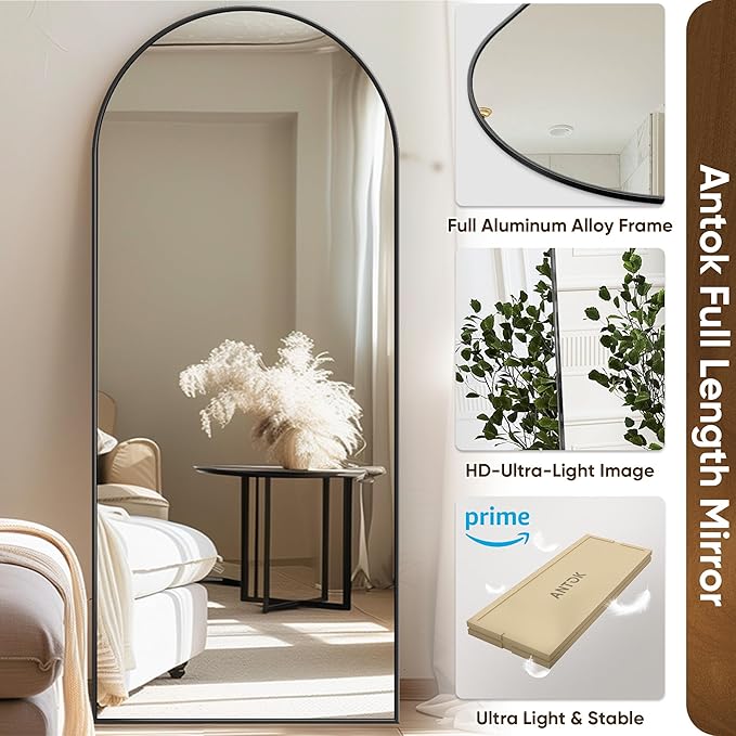 Antok Full Length Mirror, 58"x18" Floor Mirror with Stand, Hanging Mounted Mirrors for Bedroom, Living Room, Cloakroom, Dining Room, Black, Arched