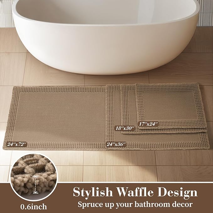RESARE Waffle Bathroom Runner Rugs, Super Absorbent Bath Mat Non Slip Washable Quick Dry, Upgraded Ultra Soft Boho Bath Rugs with Tassels for Hallway Bedroom Laundry Room, 2'x4'(24"x48"), Beige