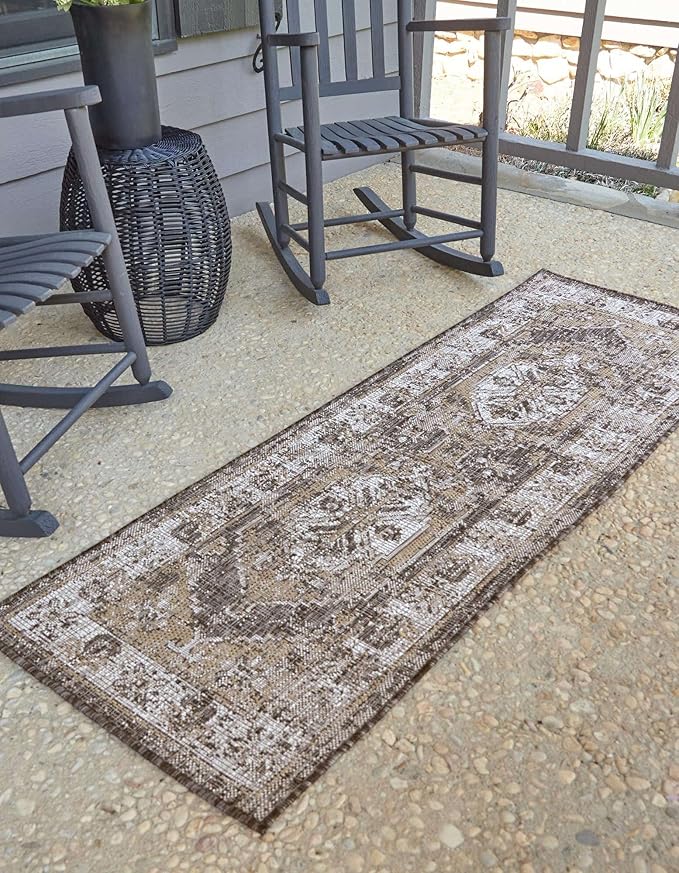 Unique Loom Outdoor Traditional Collection Area Rug - Valeria (2' x 5' Runner Charcoal/Natural)