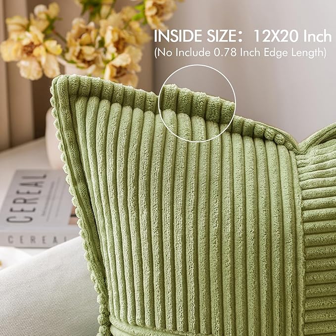 MIULEE Decorative Lumbar Throw Pillow Covers for Couch Bed Livingroom 12x20 Inch Set of 2 Green Boho Accent Throw Pllows Broadside Striped Patchwork Soft Corduroy Summer Pillowcases