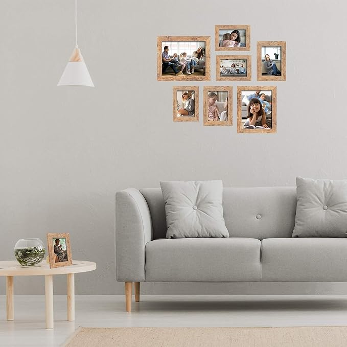 5x7 Picture Frame Set of 4, High Definition Real Glass Rustic Brown Frame, 5 x 7 Photo Frames for Tabletop Display and Wall Mounting