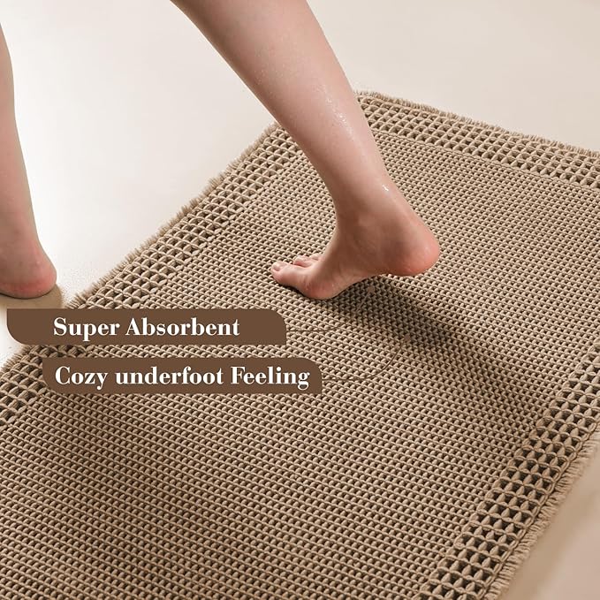 RESARE Waffle Bathroom Runner Rugs, Super Absorbent Bath Mat Non Slip Washable Quick Dry, Upgraded Ultra Soft Boho Bath Rugs with Tassels for Hallway Bedroom Laundry Room, 2'x4'(24"x48"), Beige