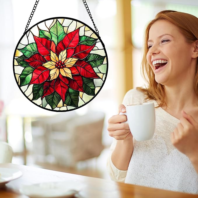 Stained Glass Window Hanging - Red Poinsettia Birth Flower Sun Catcher for Door Garden Home Decor Suncatcher Christmas Mother's Day Birthday Gifts for Women Men Mom Girl Nana Friend 11.8 in