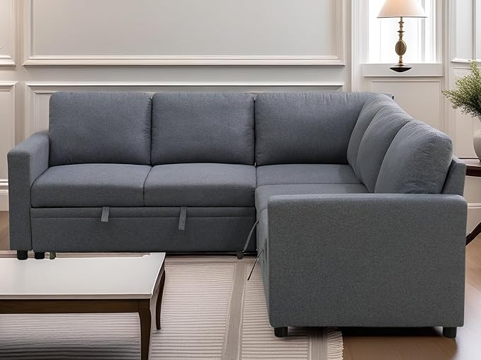 FONTOI L Shaped Sectional Couch with Pull Out Bed, Convertible Sleeper Sofa Bed Couch with Storage, Modern Modular L Shaped Sofa for Living Room, Bedroom, Apartment, Grey
