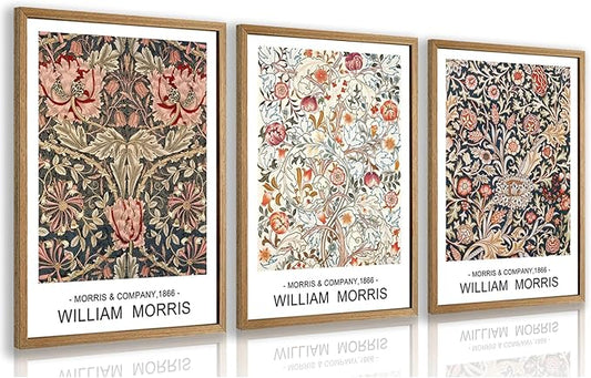 Cyebmo Wood Framed William Morris Wall Art Set of 3, Rustic Farmhouse Floral Wall Decor, Retro Flower Plants Aesthetic Picture, Vintage Botanical Art Prints for Living Room Bedroom Bathroom 16"x24"x3